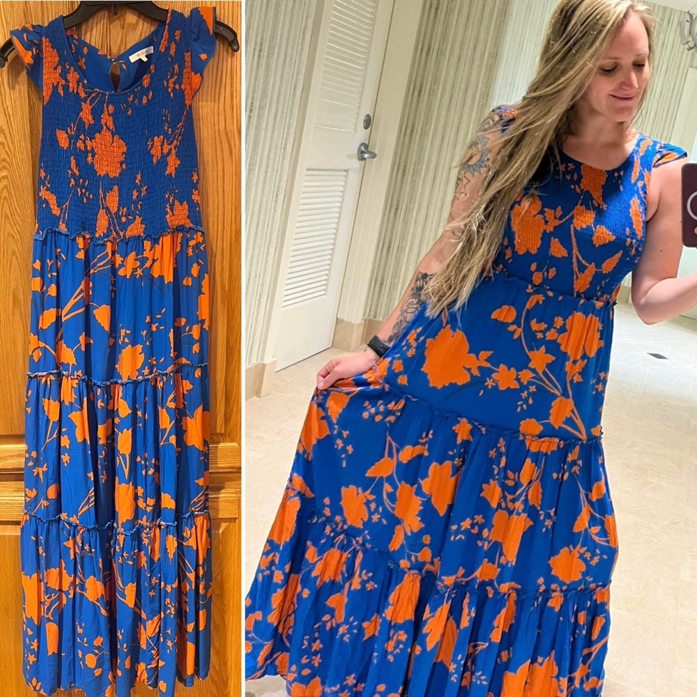 Anthropologie Abel The Label Charlie Floral Tiered Maxi‎ Dress Blue Orange Small
